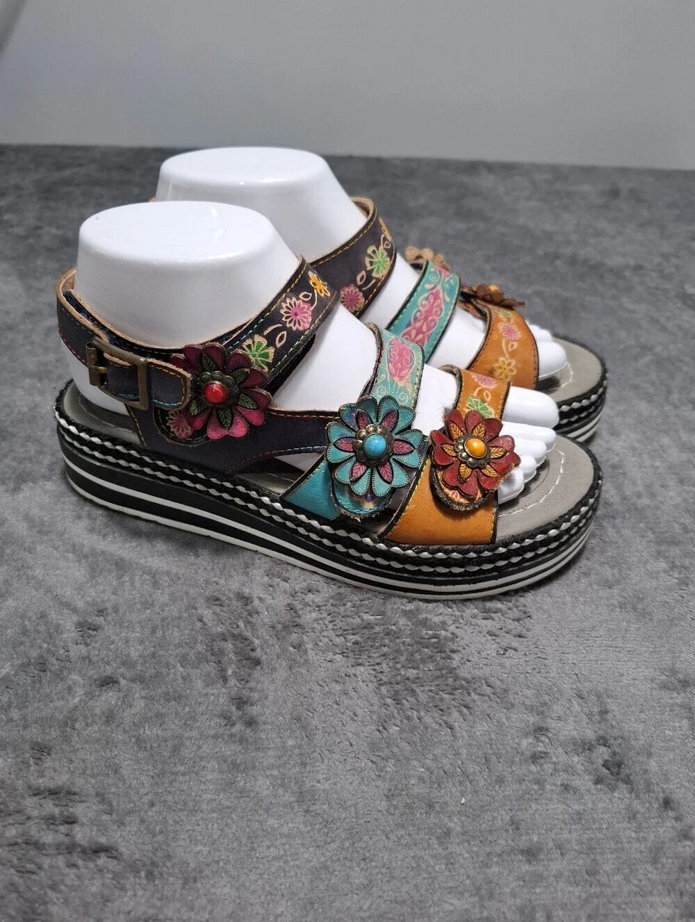 L'ATISTE Spring Step Multicolor Floral Leather Slingback Sandals Hand Painted 38